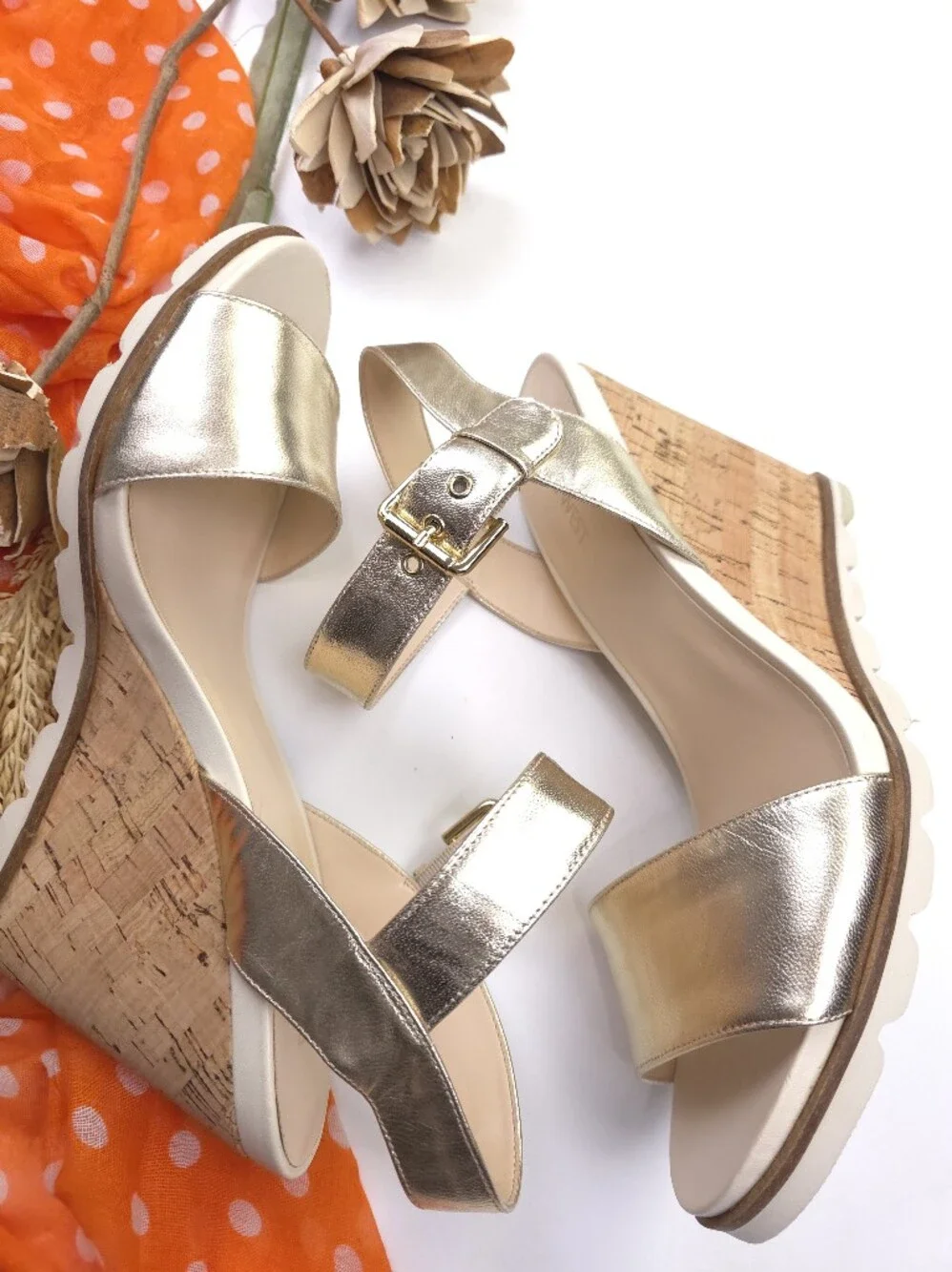Metallic Gold Wedge Sandals with Ankle Strap Sz 9.5
